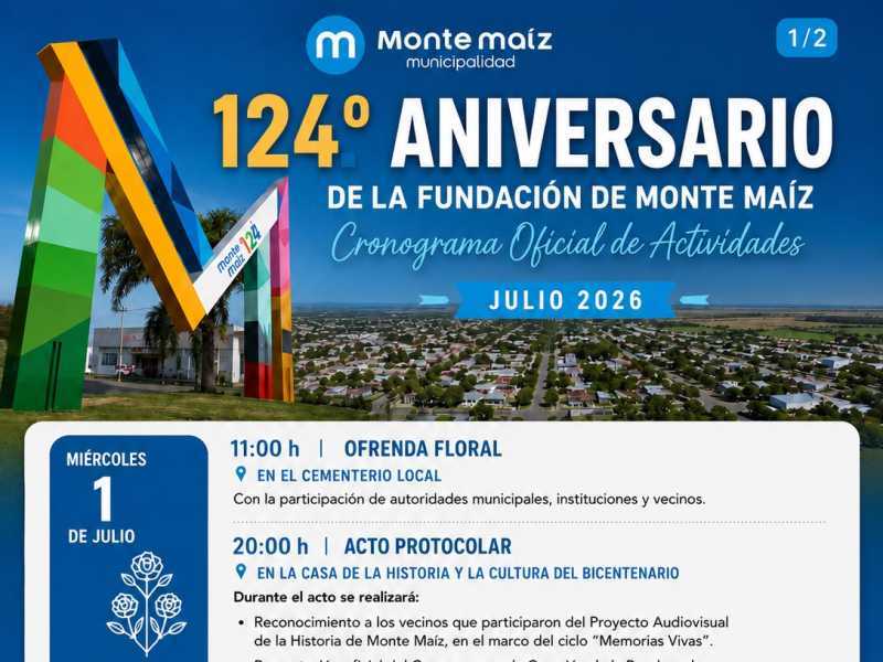 Miércoles 1° de julio: Monte Maíz cumple 124 años